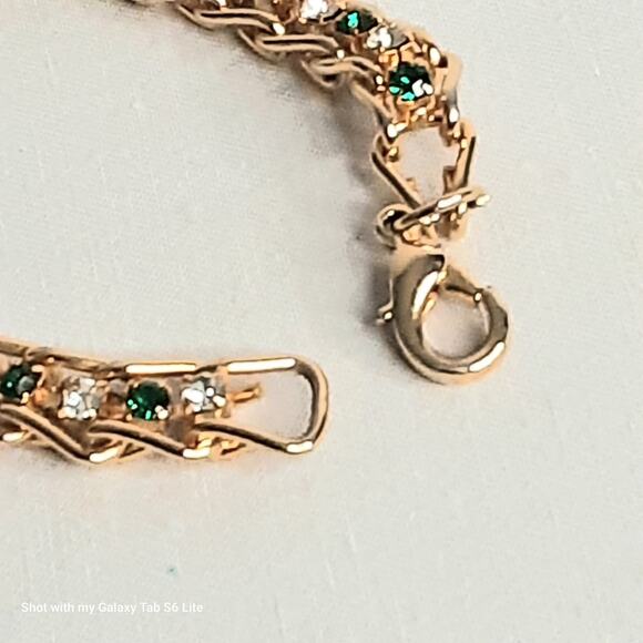 Gold Tone Chain Link Bracelet String Of Green Clear Rhinestones Lobster Clasp - Picture 8 of 10